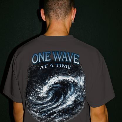 One Wave At A Time T-Shirt  – Reviver Wave – Heavyweight Graphic Tee | Ocean Wave Graphic Tee | Relaxed fit Crew Neck Tee Shirts | Short Sleeves | Back Print