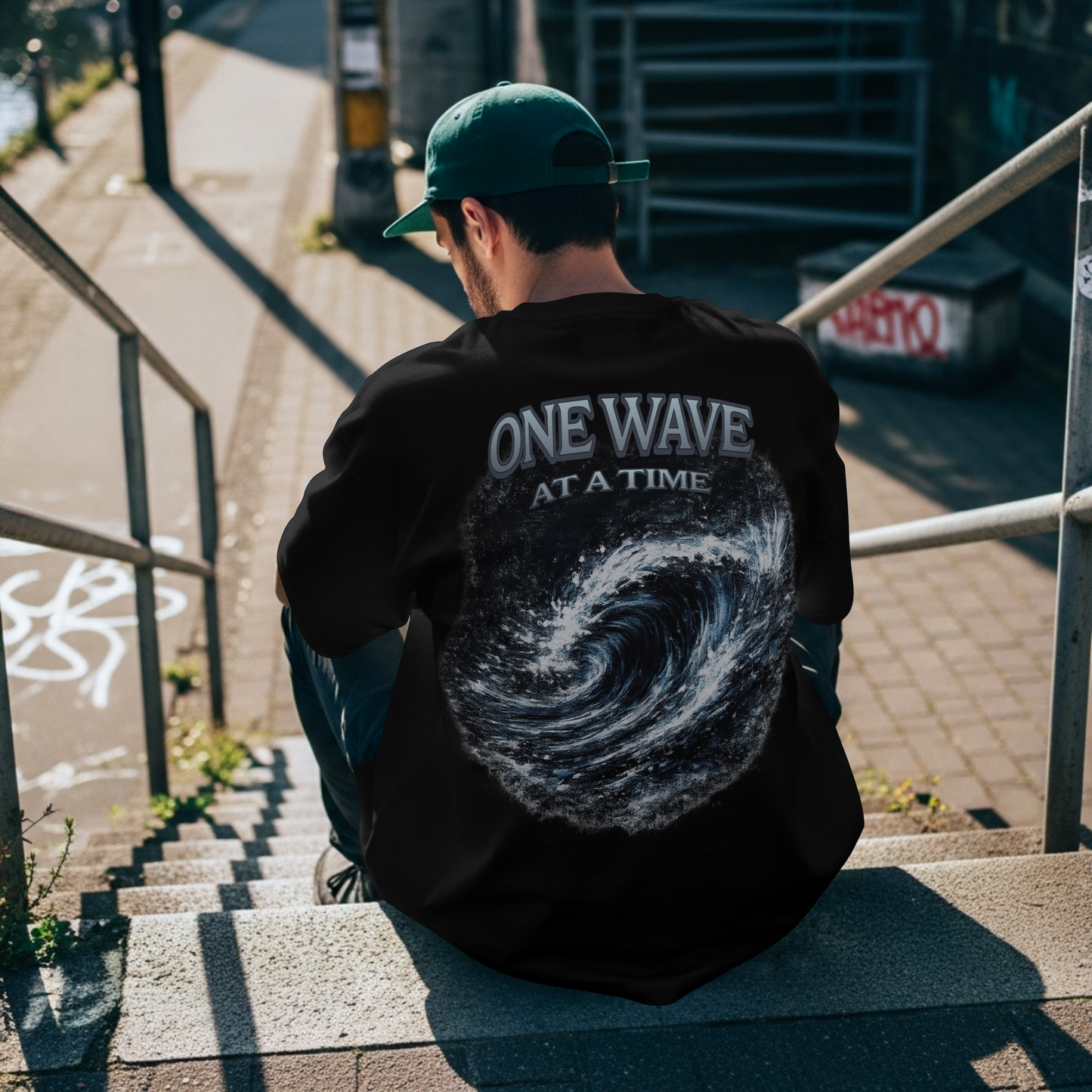 One Wave At A Time T-Shirt  – Reviver Wave – Heavyweight Graphic Tee | Ocean Wave Graphic Tee | Relaxed fit Crew Neck Tee Shirts | Short Sleeves | Back Print