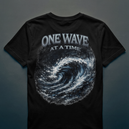 One Wave At A Time T-Shirt  – Reviver Wave – Heavyweight Graphic Tee | Ocean Wave Graphic Tee | Relaxed fit Crew Neck Tee Shirts | Short Sleeves | Back Print