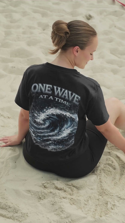 One Wave At A Time T-Shirt  – Reviver Wave – Heavyweight Graphic Tee | Ocean Wave Graphic Tee | Relaxed fit Crew Neck Tee Shirts | Short Sleeves | Back Print